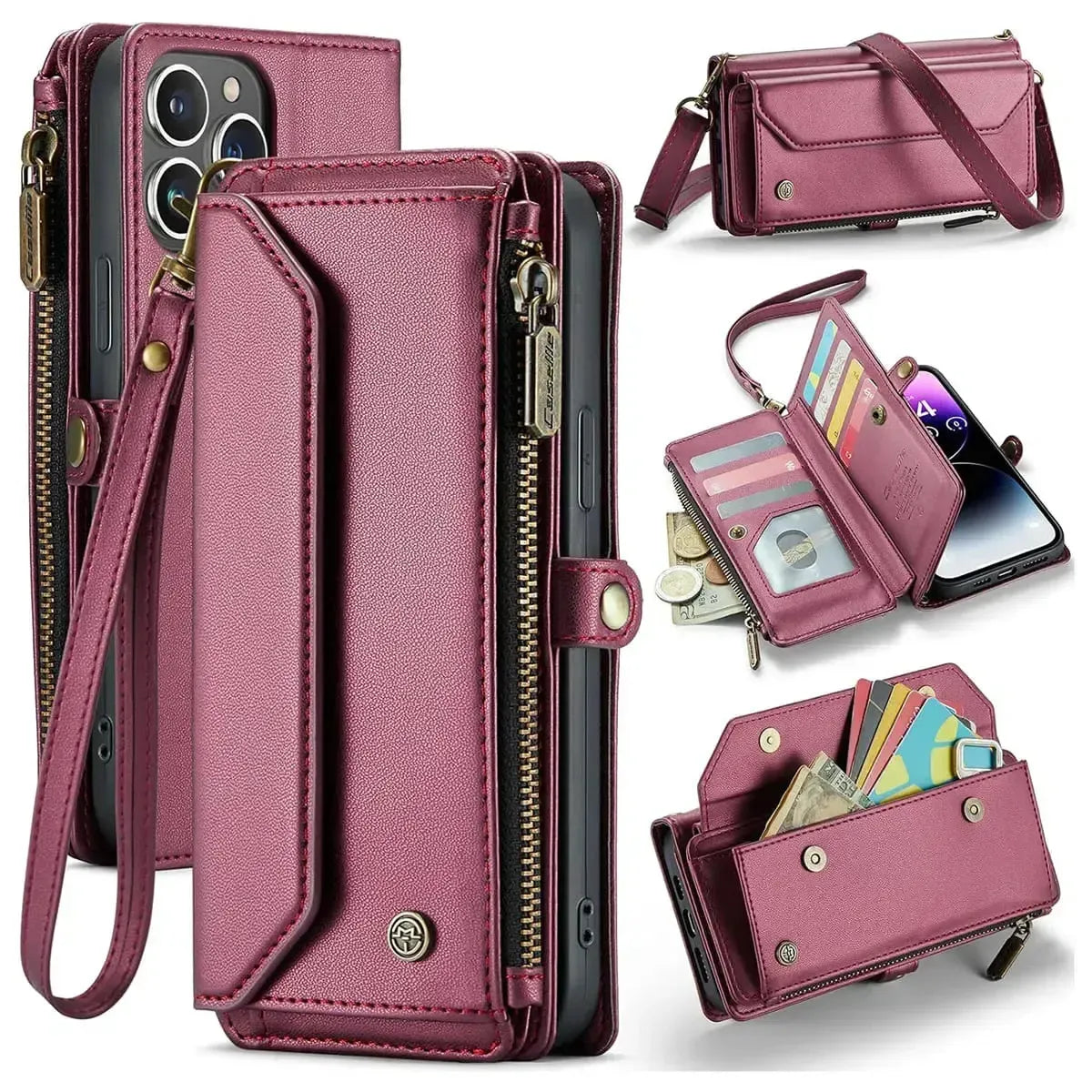 Buy Zipper Wallet Phone Case, RFID Blocking, Leather, Card Slots, for Samsung Galaxy - NOVA at Caseles-Samsung Galaxy A72 5G, Aurora-Red