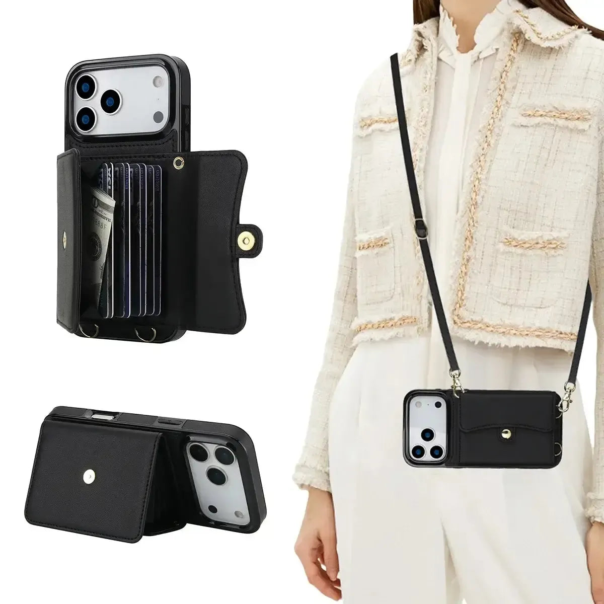 Buy Crossbody Wallet Phone Case, Magnetic Closure Flip Handbag, Leather, Card Holder, Wrist Strap Lanyard, RFID Blocking Kickstand Cover - OLIVIA at Caseles-iPhone 17 Pro Max, Oliana-Black
