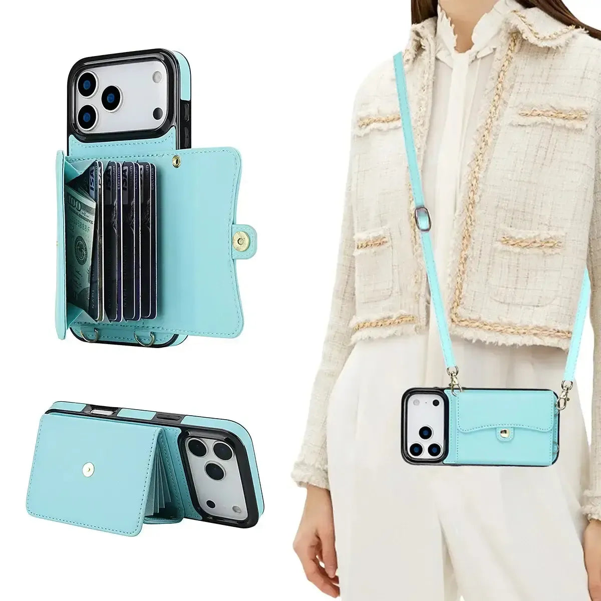 Buy Crossbody Wallet Phone Case, Magnetic Closure Flip Handbag, Leather, Card Holder, Wrist Strap Lanyard, RFID Blocking Kickstand Cover - OLIVIA at Caseles-iPhone 17 Pro Max, Olivia-Blue