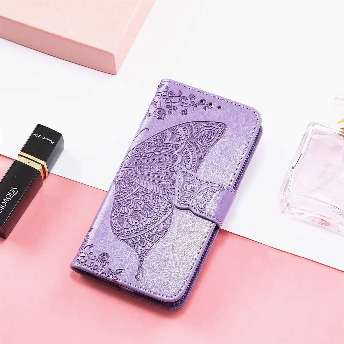 Buy Wallet Case for Motorola, Leather Flip Cover with Card Slots, Wrist Strap, Butterfly Embossed Design, Stand Feature - PENNY at Caseles-Motorola Edge (2026), Rose Gold