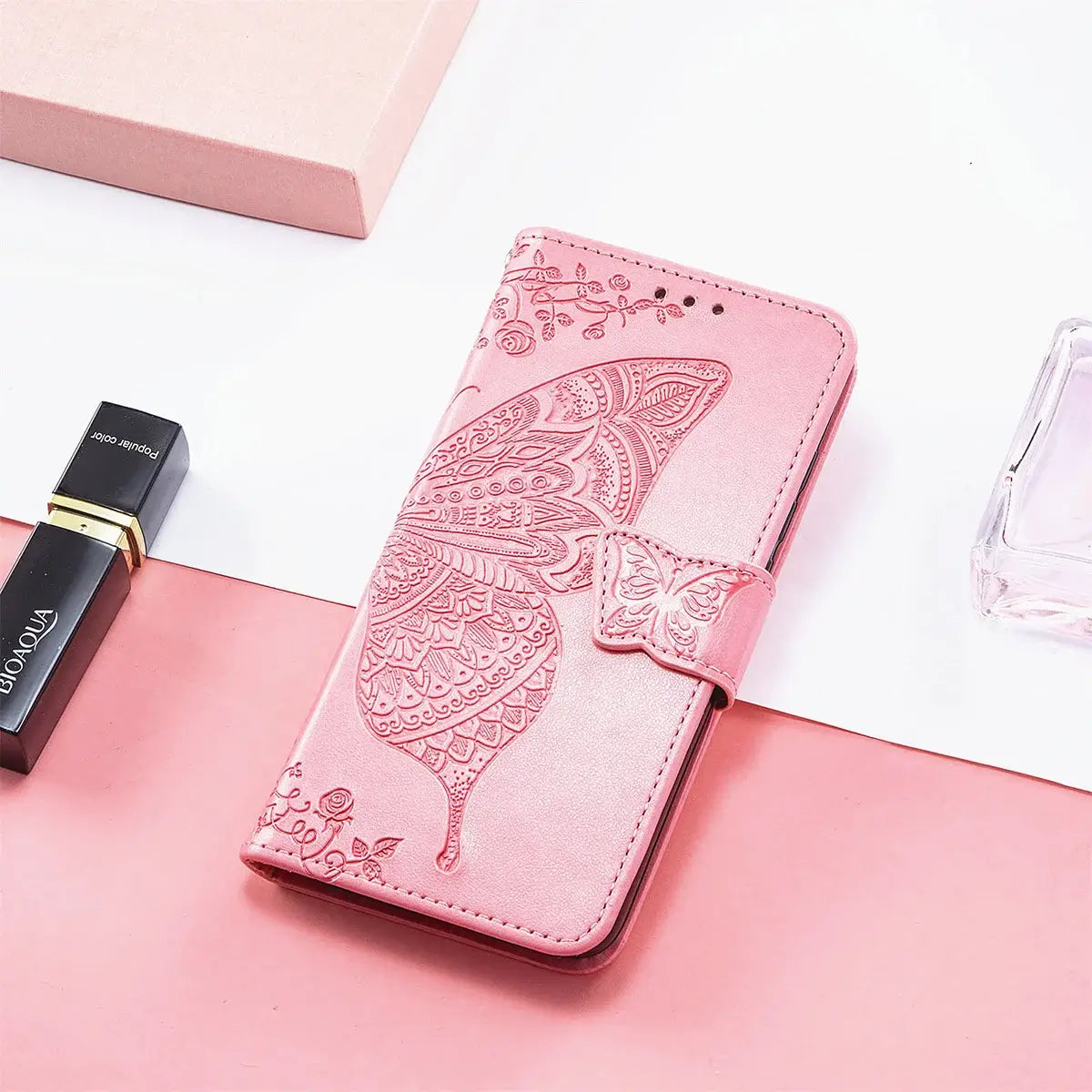 Buy Wallet Case for Motorola, Leather Flip Cover with Card Slots, Wrist Strap, Butterfly Embossed Design, Stand Feature - PENNY at Caseles-Motorola Edge (2026), Rose Gold