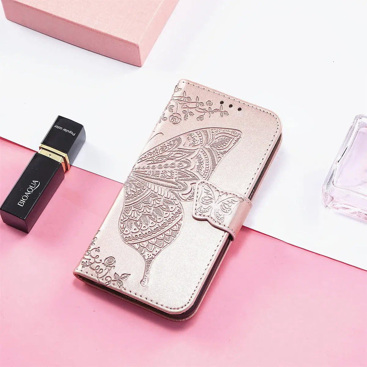 Buy Wallet Case for Motorola, Leather Flip Cover with Card Slots, Wrist Strap, Butterfly Embossed Design, Stand Feature - PENNY at Caseles-Motorola Edge (2026), Rose Gold