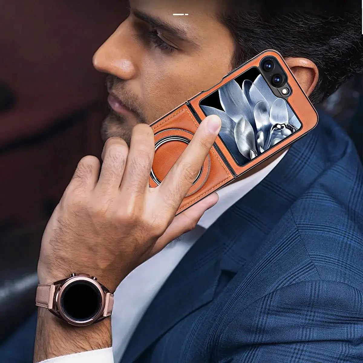 Buy Luxury Leather Magnetic Case for Samsung Z Series, Built-in Invisible Stand, Premium Phone Cover - PHONEX at Caseles-Samsung Galaxy Z Flip 7, Bronze