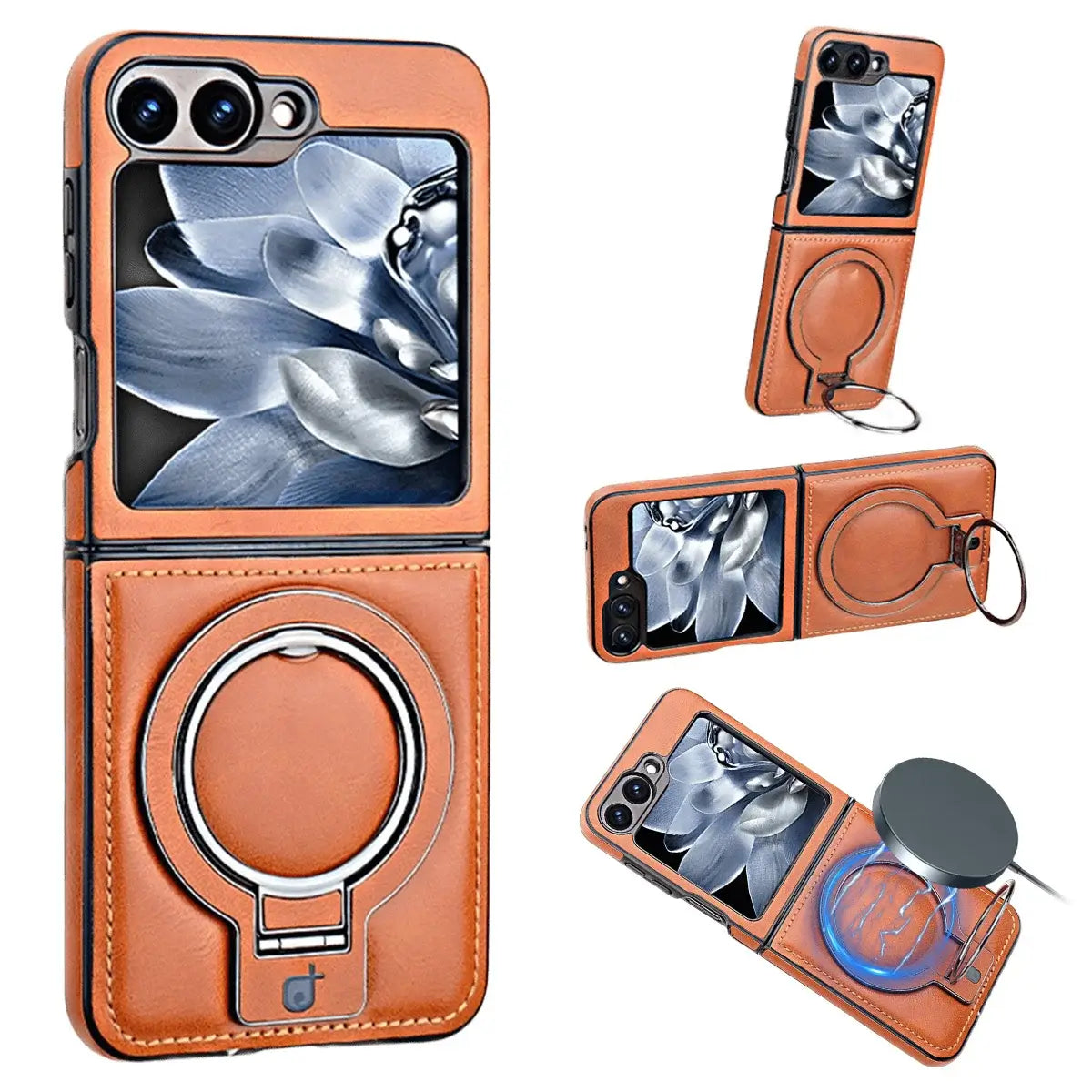 Buy Luxury Leather Magnetic Case for Samsung Z Series, Built-in Invisible Stand, Premium Phone Cover - PHONEX at Caseles-Samsung Galaxy Z Flip 7, Bronze