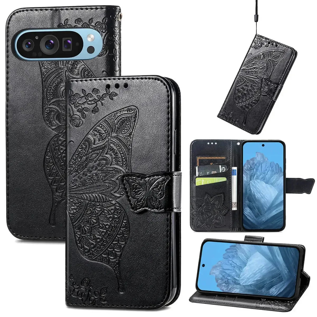 Buy Wallet Case for Google Pixel, Leather Flip Cover with Card Slots, Wrist Strap, Butterfly Embossed Design, Stand Feature for Women - Piper at Caseles-Google Pixel 10 Pro XL, Black