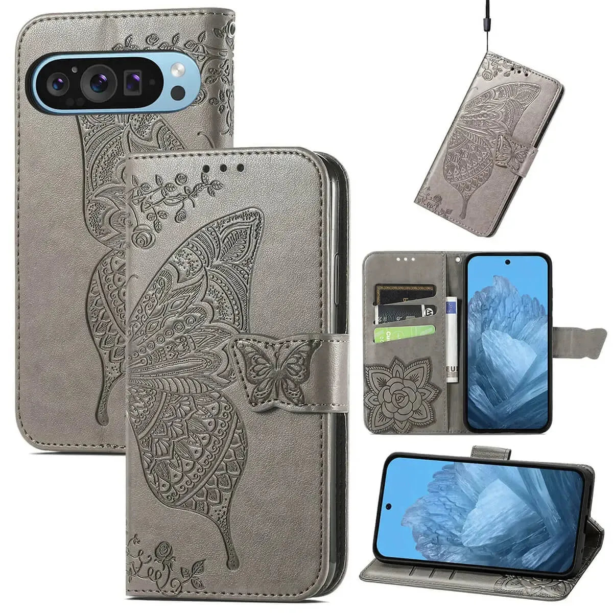 Buy Wallet Case for Google Pixel, Leather Flip Cover with Card Slots, Wrist Strap, Butterfly Embossed Design, Stand Feature for Women - Piper at Caseles-Google Pixel 10 Pro XL, Gray