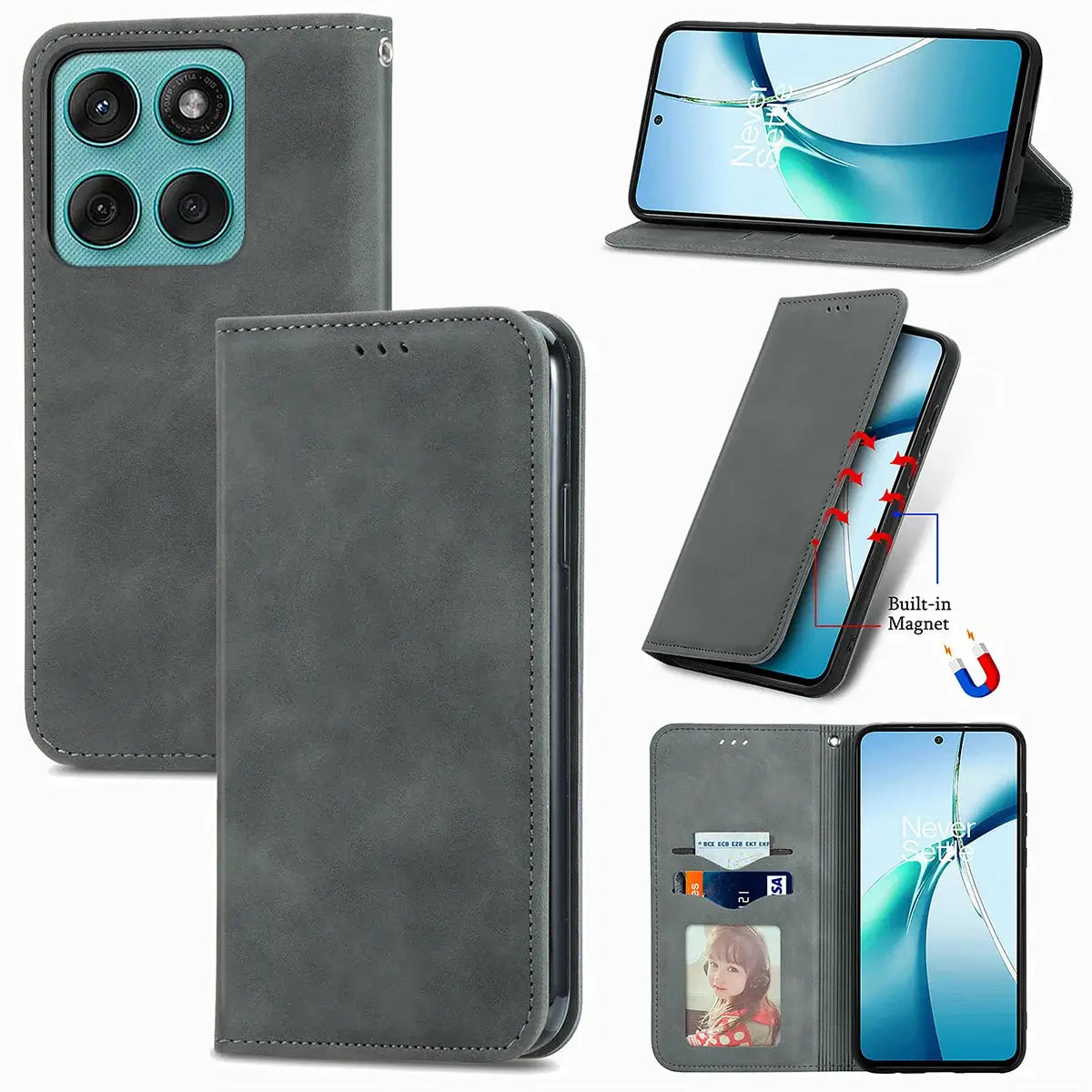 Buy Skin Touch Leather Wallet Case with Magnetic Closure, Slim Card Holder Flip Cover with Foldable Kickstand, Shockproof Protective Phone Case - Rhodes at Caseles-Motorola Edge Plus (2026), Gray