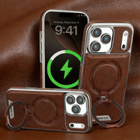 Buy Luxury Leather Invisible Stand for iPhone Case, Transmitg Magnetic Phone Case for iPhone Built-in Invisible Stand - PHOEBE at Caseles-iPhone 17 Pro Max, Brown