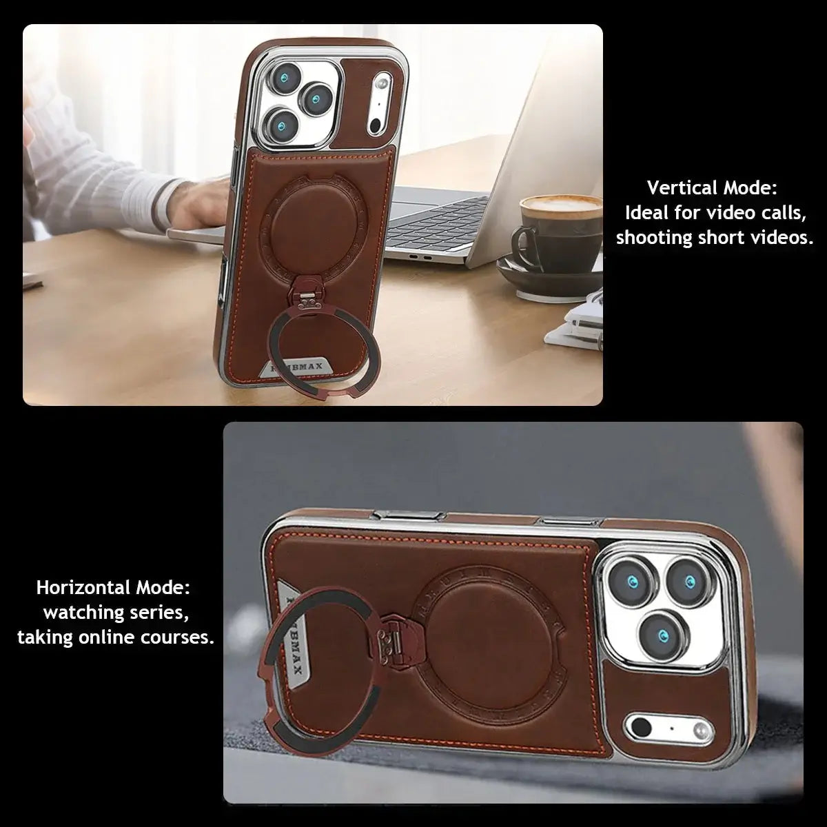 Buy Luxury Leather Invisible Stand for iPhone Case, Transmitg Magnetic Phone Case for iPhone Built-in Invisible Stand - PHOEBE at Caseles-iPhone 17 Pro Max, Brown