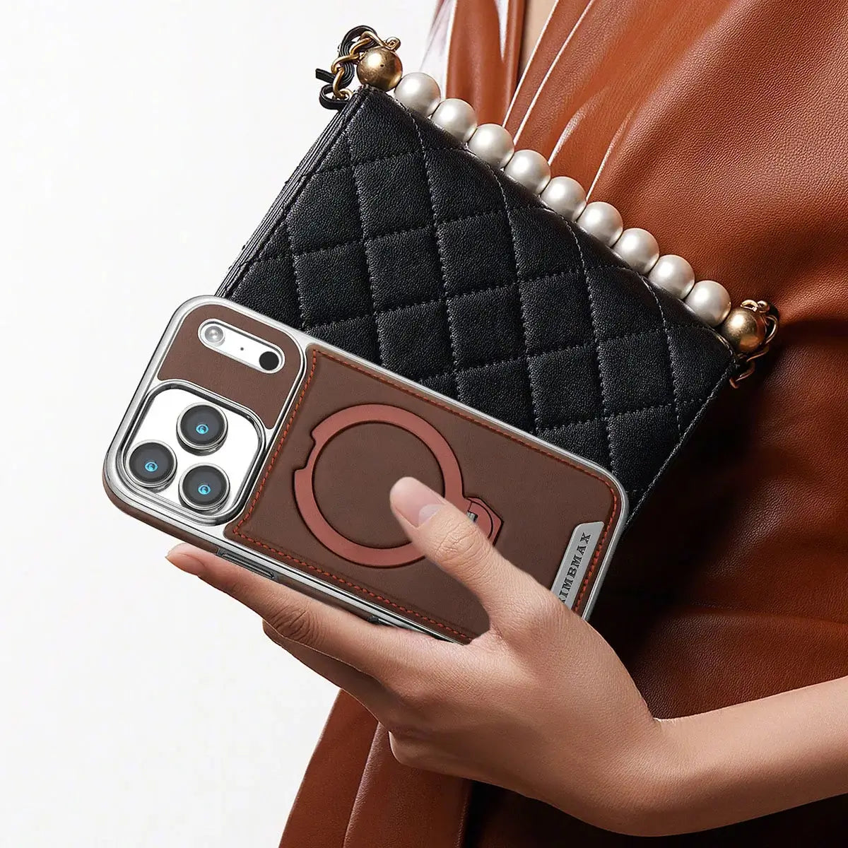Buy Luxury Leather Invisible Stand for iPhone Case, Transmitg Magnetic Phone Case for iPhone Built-in Invisible Stand - PHOEBE at Caseles-iPhone 17 Pro Max, Brown