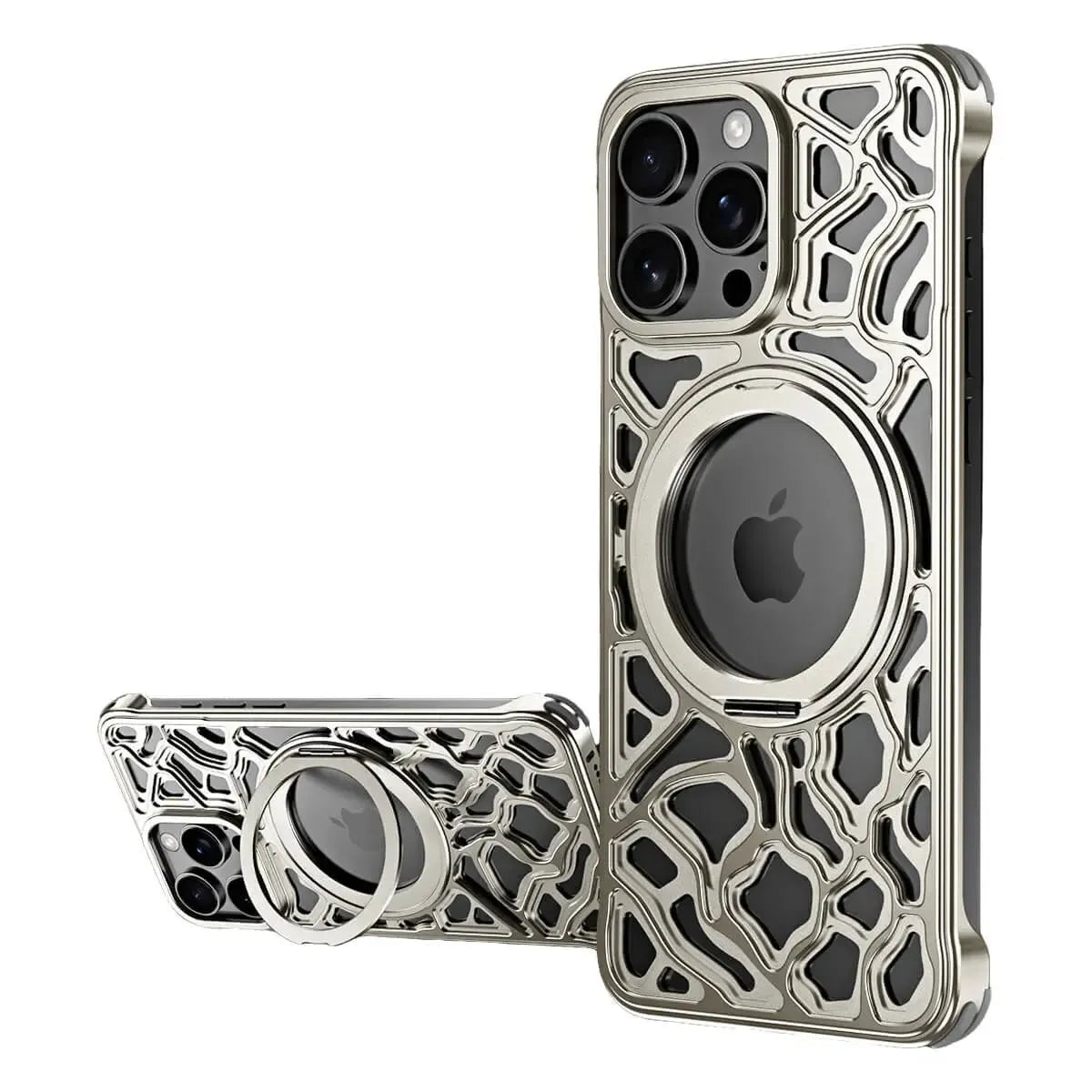 Buy Luxury Aluminum iPhone Case with 360° Rotatable Ring Kickstand, Magnetic Slim Shockproof Cover, Heat Dissipation, Titanium Finish - Rockwell at Caseles-iPhone 16 Pro Max, Silver