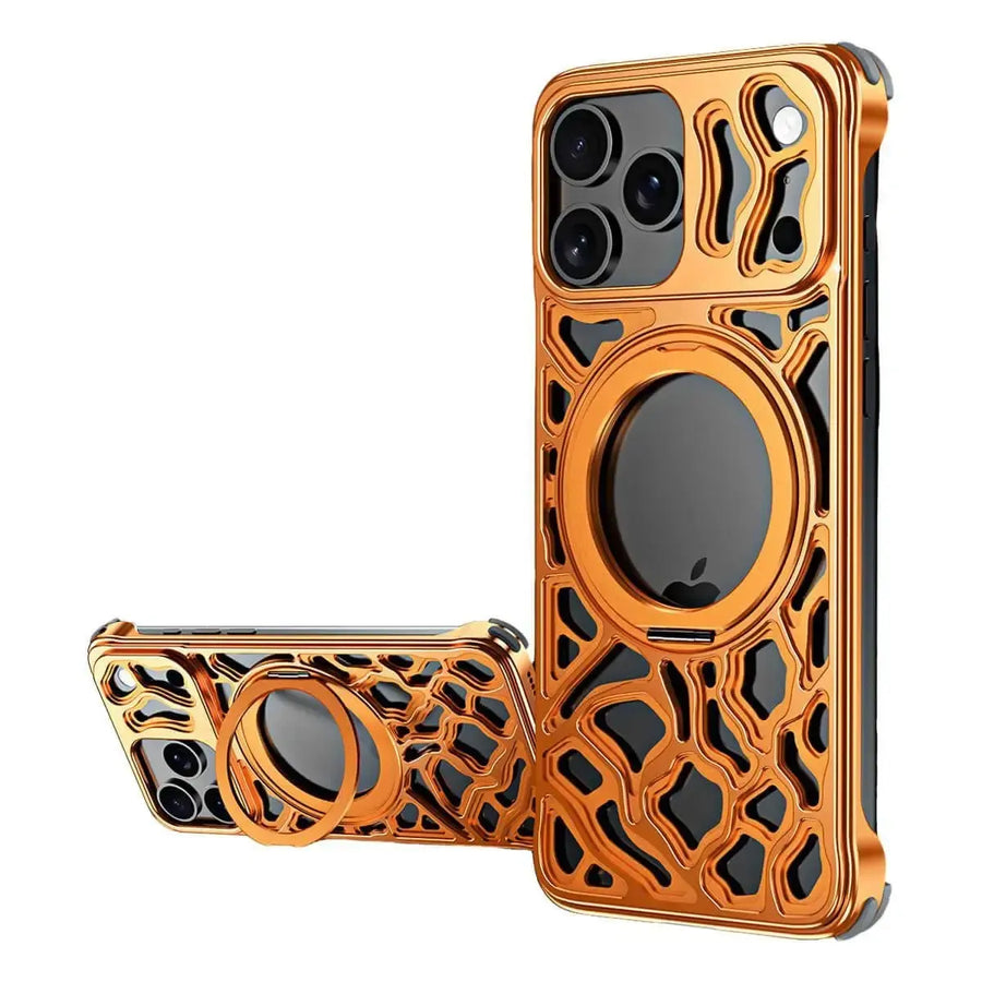 Buy Aluminum Metal Frameless Design Bumper Phone Case for iPhone with Rotatable Ring Holder Magnetic Kickstand Cover - ZEE at Caseles-iPhone 17 Pro Max, Orange