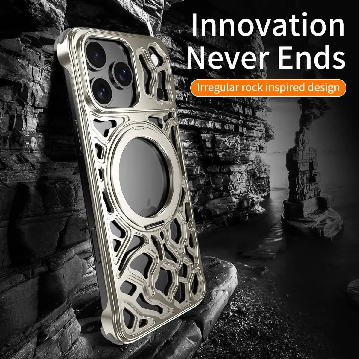 Buy Aluminum Metal Frameless Design Bumper Phone Case for iPhone with Rotatable Ring Holder Magnetic Kickstand Cover - ZEE at Caseles-iPhone 17 Pro Max, Black