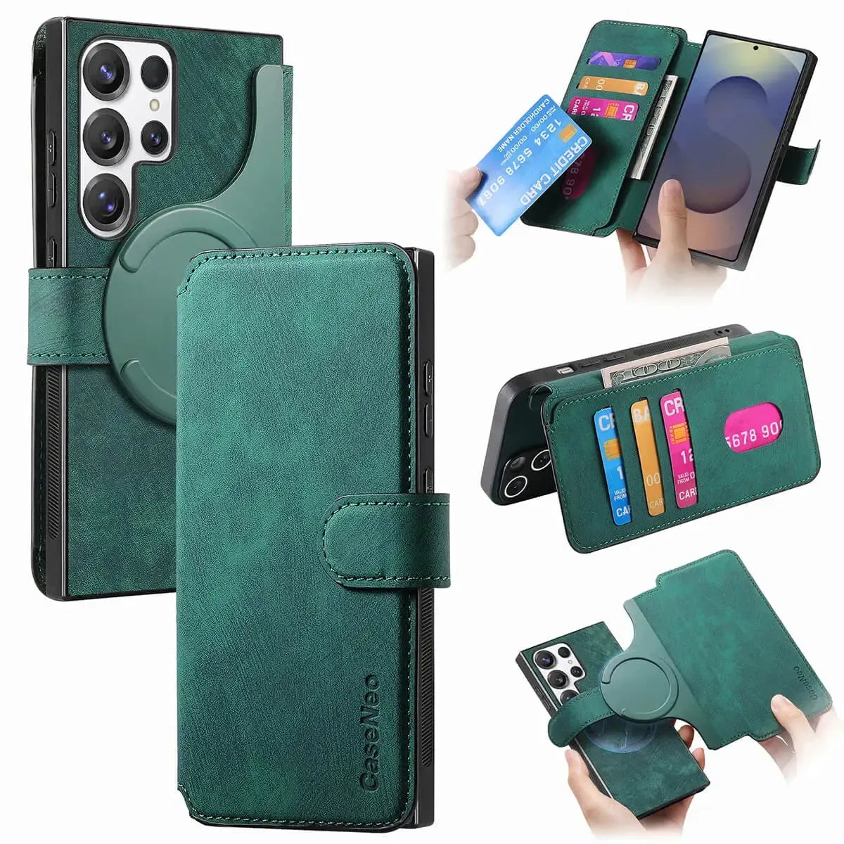 Buy Retro Magnetic Wallet Case, Support Magsafe, Detachable 2in1 Folio Flip Cover, with Card Slots - Stanley at Caseles-Samsung Galaxy A55 5G, Green