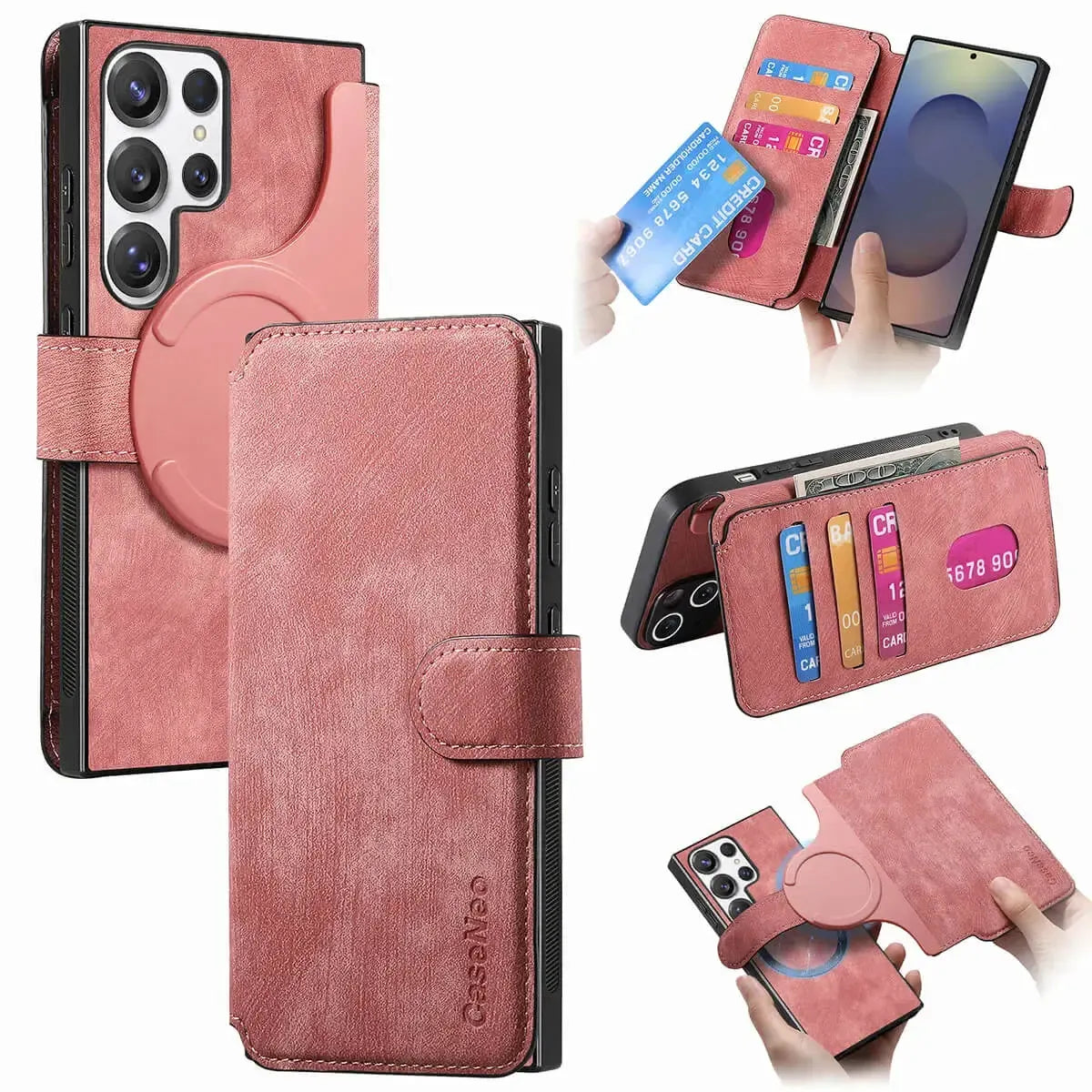 Buy Retro Magnetic Wallet Case, Support Magsafe, Detachable 2in1 Folio Flip Cover, with Card Slots - Stanley at Caseles-Samsung Galaxy A55 5G, Pink