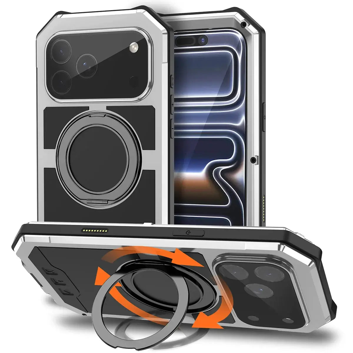 Buy 360° Rotatable Magnetic Stand Case | Full-Body Protection, Lens Guard & Wireless Charging Support - Stark at Caseles-iPhone 17 Pro Max, Silver