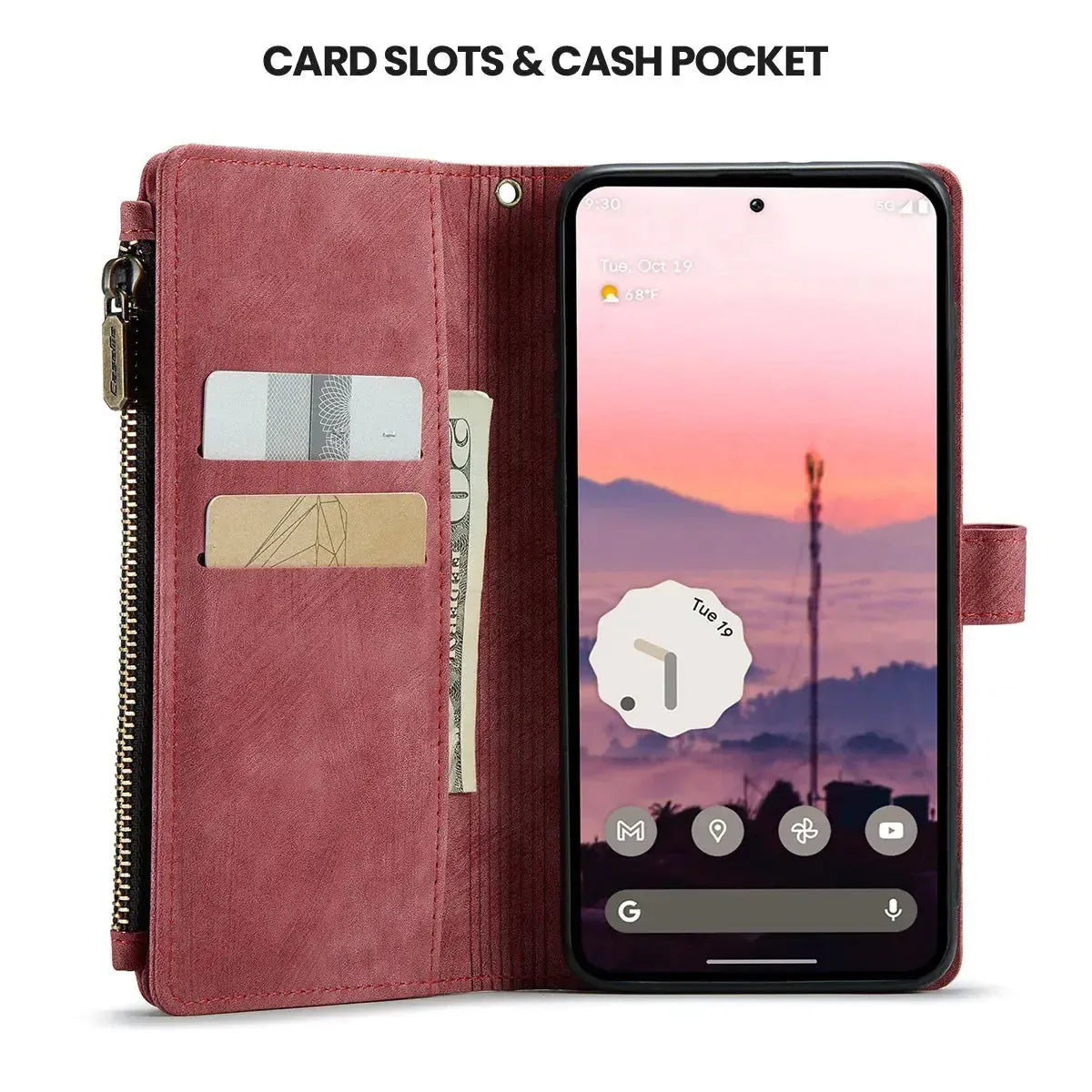 Buy Zipper Flip Folio Wallet Phone Case, Premium Leather Cover with Card Slots Cash Pocket Magnetic Closure and Kickstand,Devy at Caseles-Google Pixel 9 Pro XL, Brown