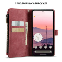 Buy Zipper Flip Folio Wallet Phone Case, Premium Leather Cover with Card Slots Cash Pocket Magnetic Closure and Kickstand,Devy at Caseles-Google Pixel 9 Pro XL, Brown