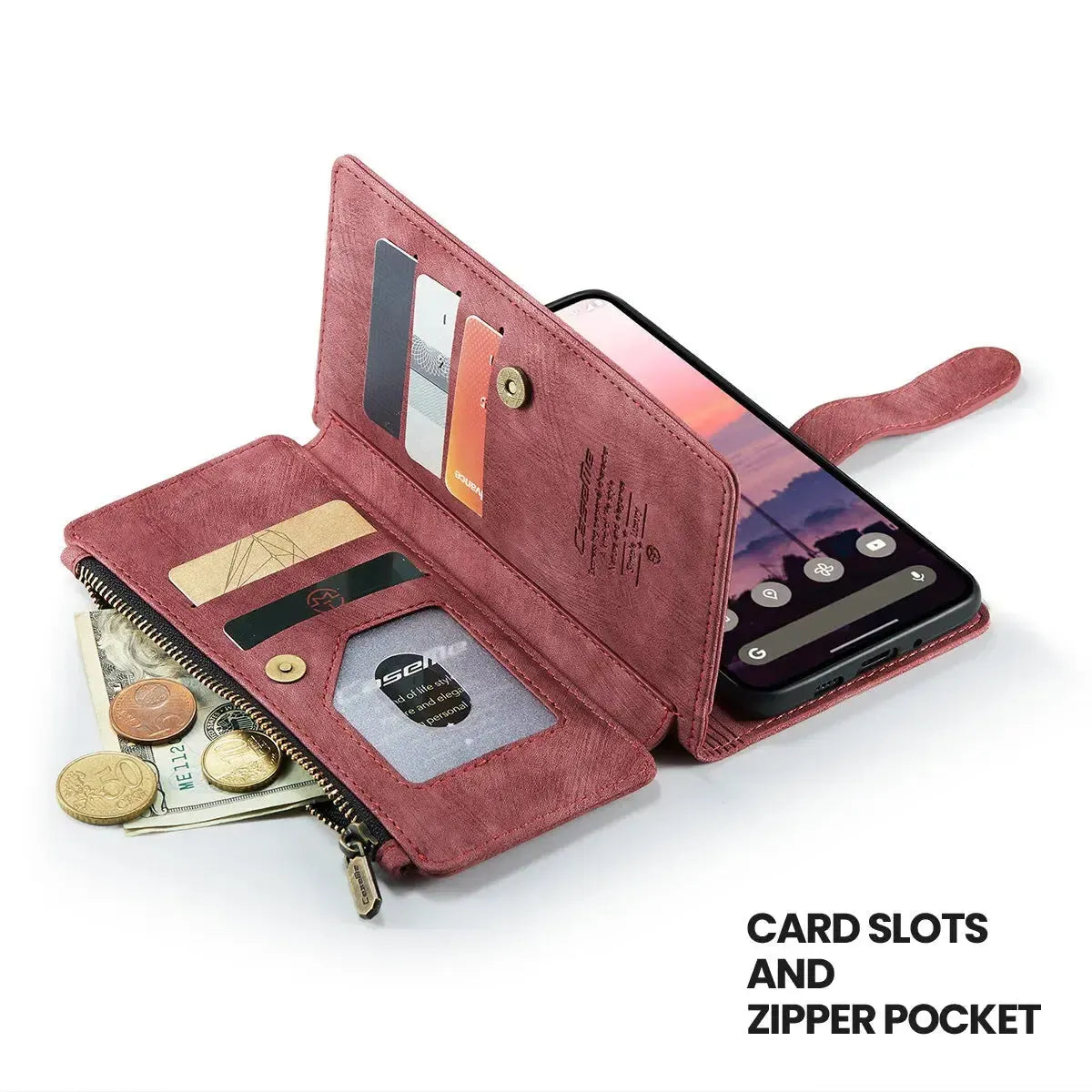 Buy Zipper Flip Folio Wallet Phone Case, Premium Leather Cover with Card Slots Cash Pocket Magnetic Closure and Kickstand,Devy at Caseles-Google Pixel 9 Pro XL, Brown