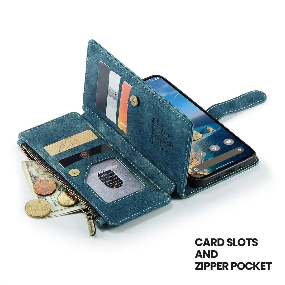 Buy Zipper Flip Folio Wallet Phone Case, Premium Leather Cover with Card Slots Cash Pocket Magnetic Closure and Kickstand,Devy at Caseles-Google Pixel 9 Pro XL, Brown