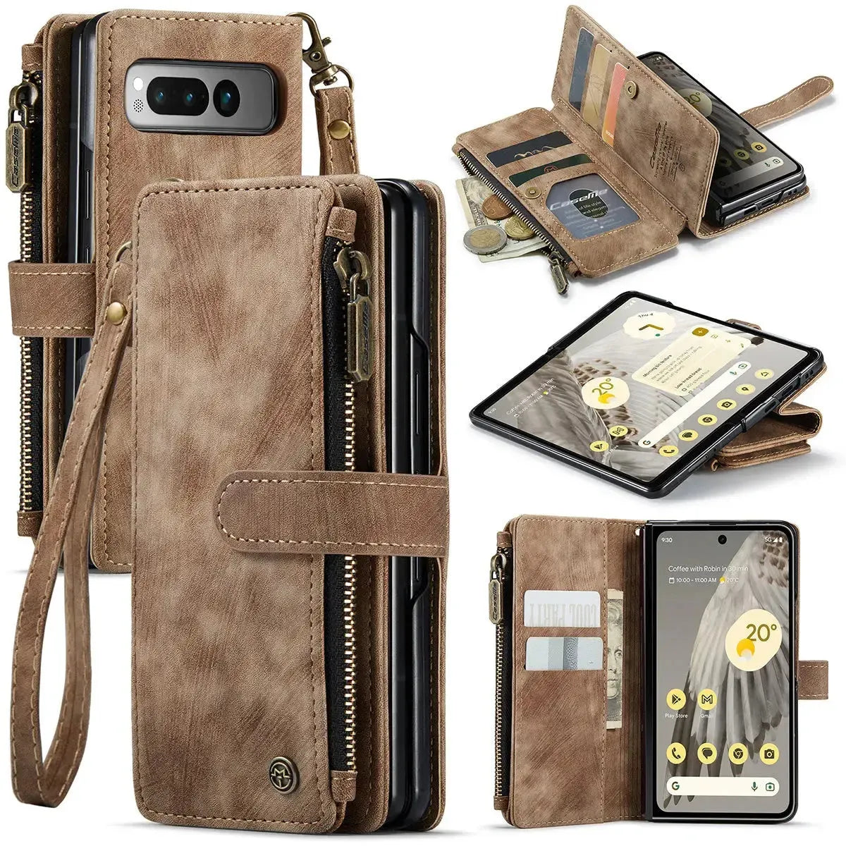 Buy Zipper Flip Folio Wallet Phone Case, Premium Leather Cover with Card Slots Cash Pocket Magnetic Closure and Kickstand,Devy at Caseles-Google Pixel 9 Pro Fold, Brown