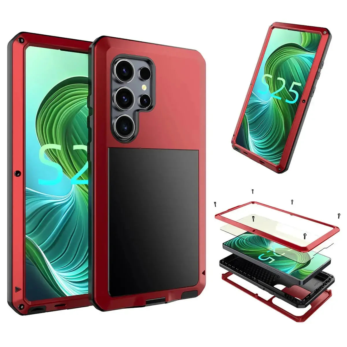 Buy Classic Full Body Metal Armor Phone Case, with Screen Protector, Heavy Duty Defender Shockproof Case - TRAVIS at Caseles-Samsung Galaxy S25 Ultra, Taddeo-Red