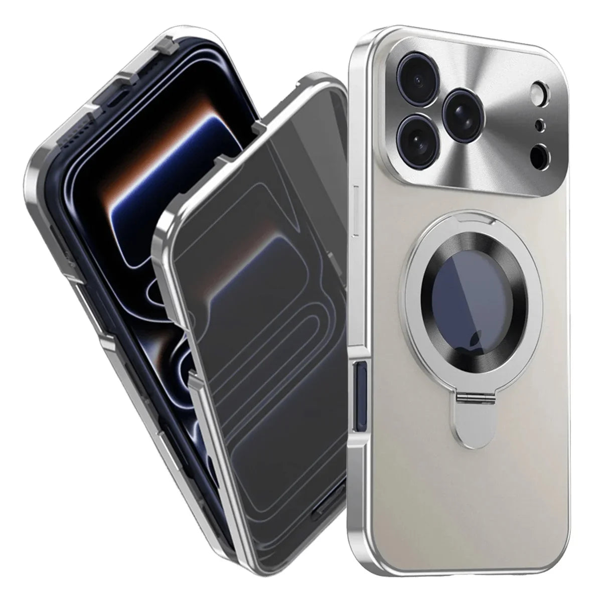 Buy Caseles Anti-Spy Metal Armor for iPhone: 360° Rotating Stand, 9H Privacy Glass & MagSafe Shield - VADEN at Caseles-iPhone 17 Pro Max, Silver