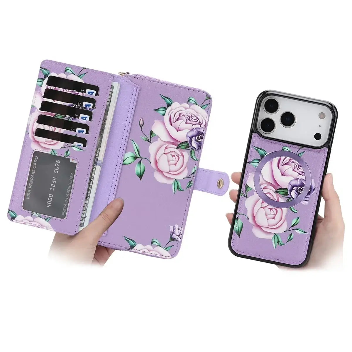 Buy 2-in-1 Floral Armor for iPhone: 15 Card Slots, Anti-Spy Shield, RFID Protection & MagSafe - Vala at Caseles-iPhone 17 Pro Max, Black