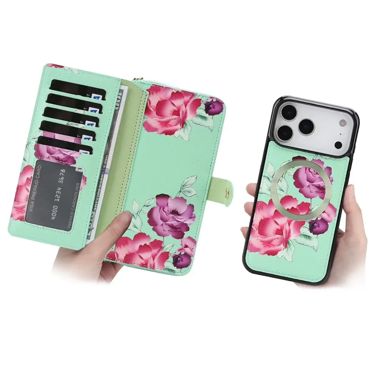 Buy 2-in-1 Floral Armor for iPhone: 15 Card Slots, Anti-Spy Shield, RFID Protection & MagSafe - Vala at Caseles-iPhone 17 Pro Max, Black
