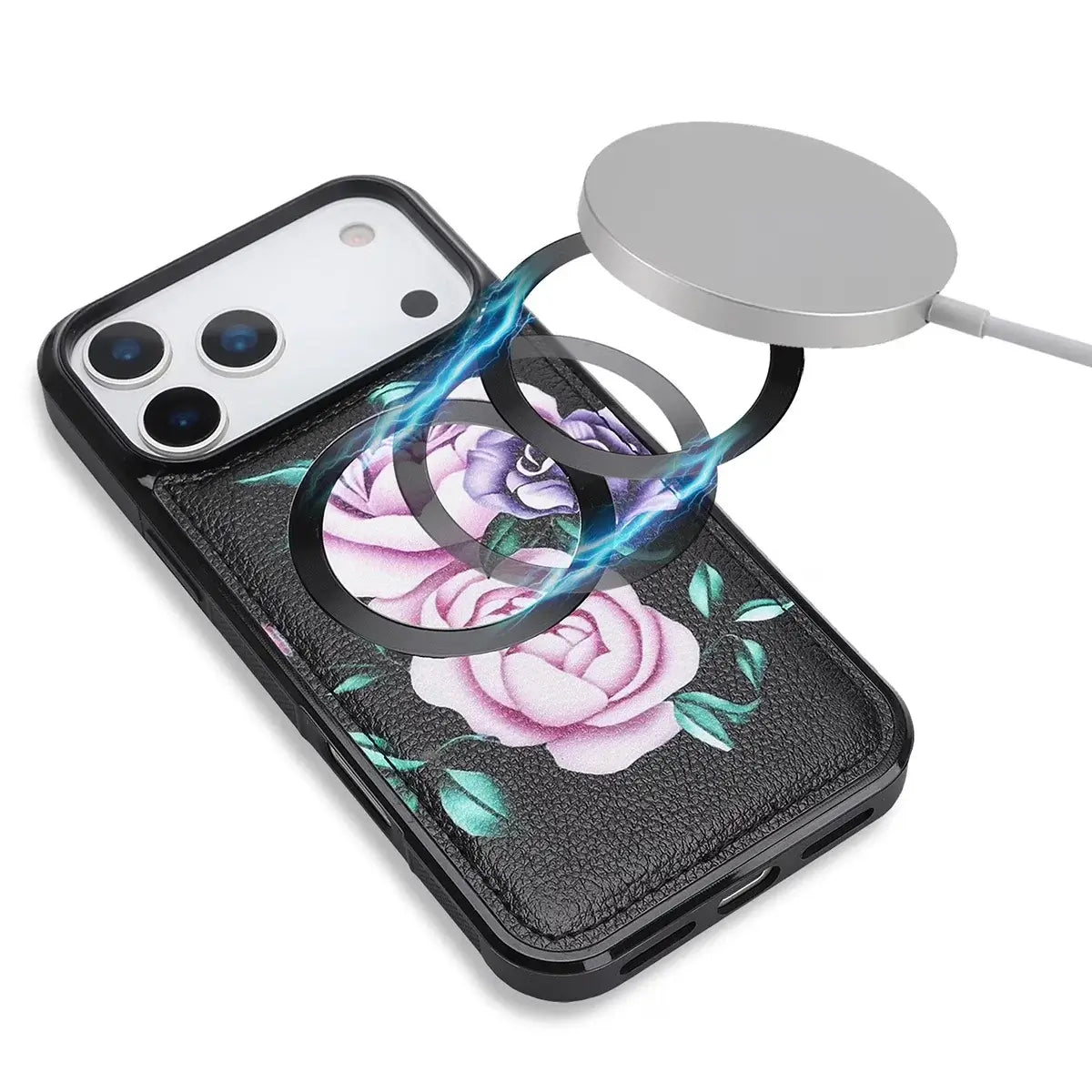 Buy 2-in-1 Floral Armor for iPhone: 15 Card Slots, Anti-Spy Shield, RFID Protection & MagSafe - Vala at Caseles-iPhone 17 Pro Max, Black