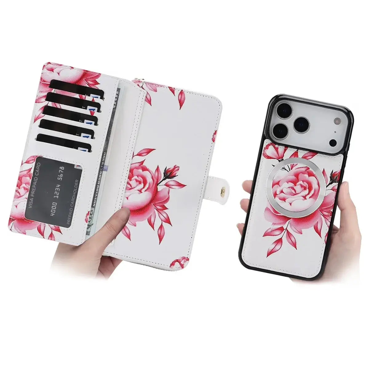 Buy 2-in-1 Floral Armor for iPhone: 15 Card Slots, Anti-Spy Shield, RFID Protection & MagSafe - Vala at Caseles-iPhone 17 Pro Max, Black