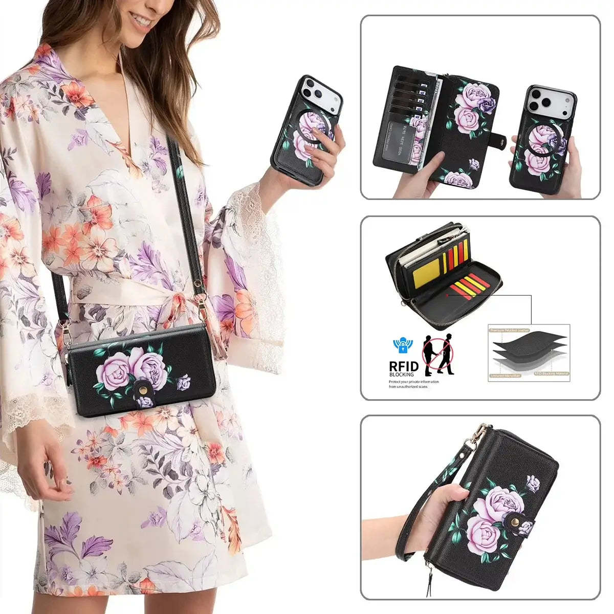 Buy 2-in-1 Floral Armor for iPhone: 15 Card Slots, Anti-Spy Shield, RFID Protection & MagSafe - Vala at Caseles-iPhone 17 Pro Max, Black