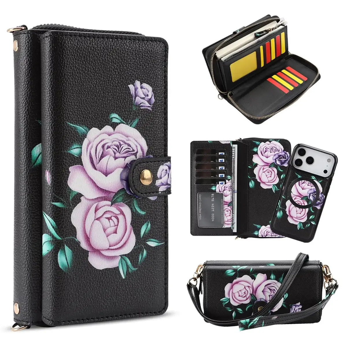 Buy 2-in-1 Floral Armor for iPhone: 15 Card Slots, Anti-Spy Shield, RFID Protection & MagSafe - Vala at Caseles-iPhone 17 Pro Max, Black