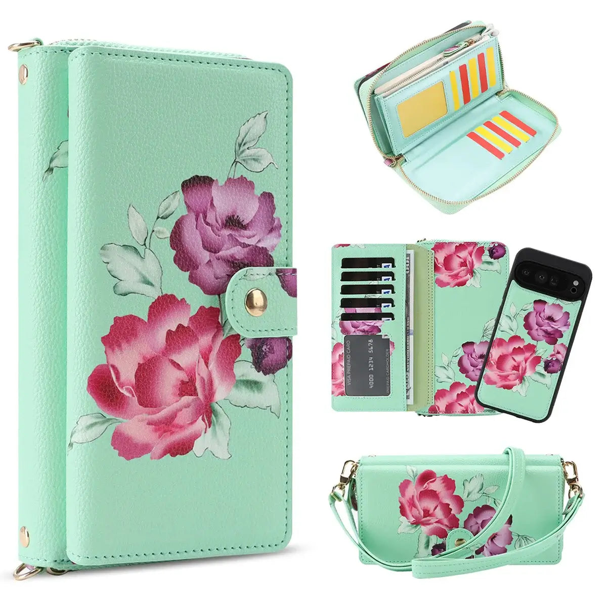 Buy 2-in-1 Floral Armor for iPhone: 15 Card Slots, Anti-Spy Shield, RFID Protection & MagSafe - Vala at Caseles-iPhone 17 Pro Max, Green