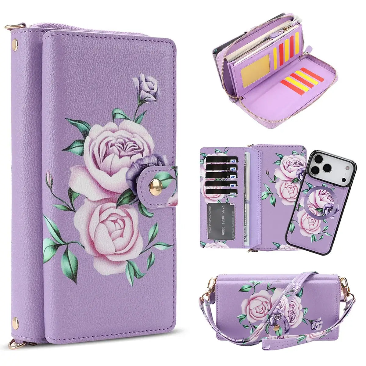 Buy 2-in-1 Floral Armor for iPhone: 15 Card Slots, Anti-Spy Shield, RFID Protection & MagSafe - Vala at Caseles-iPhone 17 Pro Max, Purple