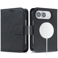 Buy MagSafe Compatible Leather Flip Wallet with RFID Blocking, 2 Card Slots, 1 Cash Slot & Detachable Magnetic Phone Cover for iPhone Duo - VALEN at Caseles-iPhone Duo, Black