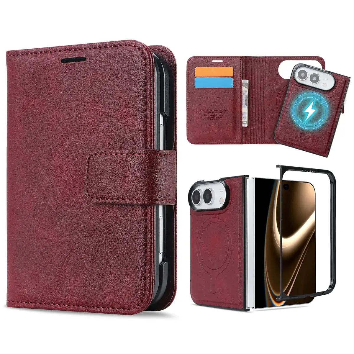 Buy MagSafe Compatible Leather Flip Wallet with RFID Blocking, 2 Card Slots, 1 Cash Slot & Detachable Magnetic Phone Cover for iPhone Duo - VALEN at Caseles-iPhone Duo, Burgundy