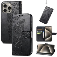 Buy Wallet Case for iPhone, Leather Flip Cover with Card Slots, Wrist Strap, Butterfly Embossed Design, Stand Feature - VANNY at Caseles-iPhone 16 Pro Max, Black