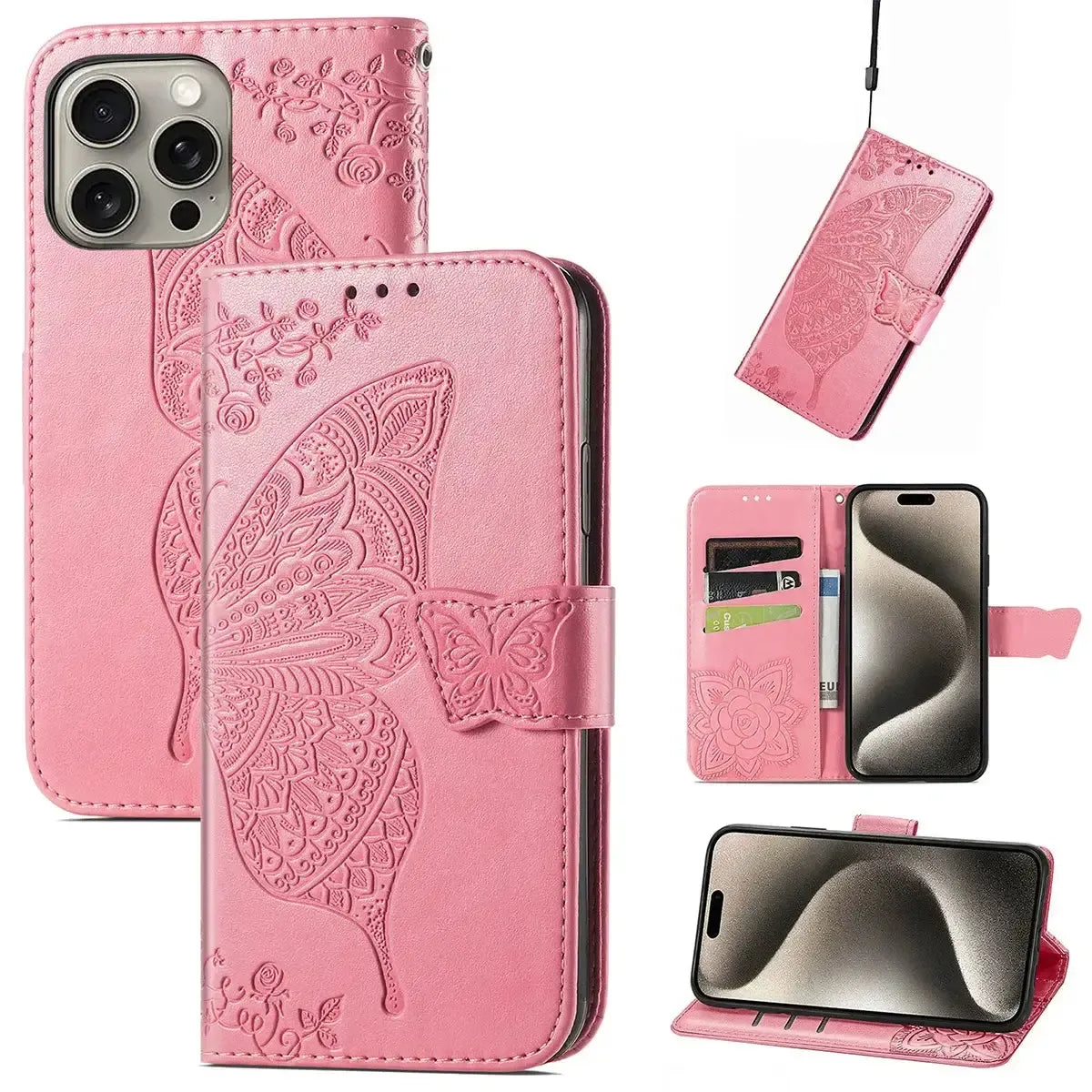 Buy Wallet Case for iPhone, Leather Flip Cover with Card Slots, Wrist Strap, Butterfly Embossed Design, Stand Feature - VANNY at Caseles-iPhone 16 Pro Max, Pink