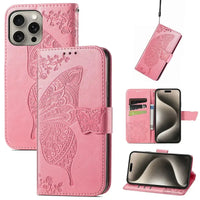 Buy Wallet Case for iPhone, Leather Flip Cover with Card Slots, Wrist Strap, Butterfly Embossed Design, Stand Feature - VANNY at Caseles-iPhone 16 Pro Max, Pink