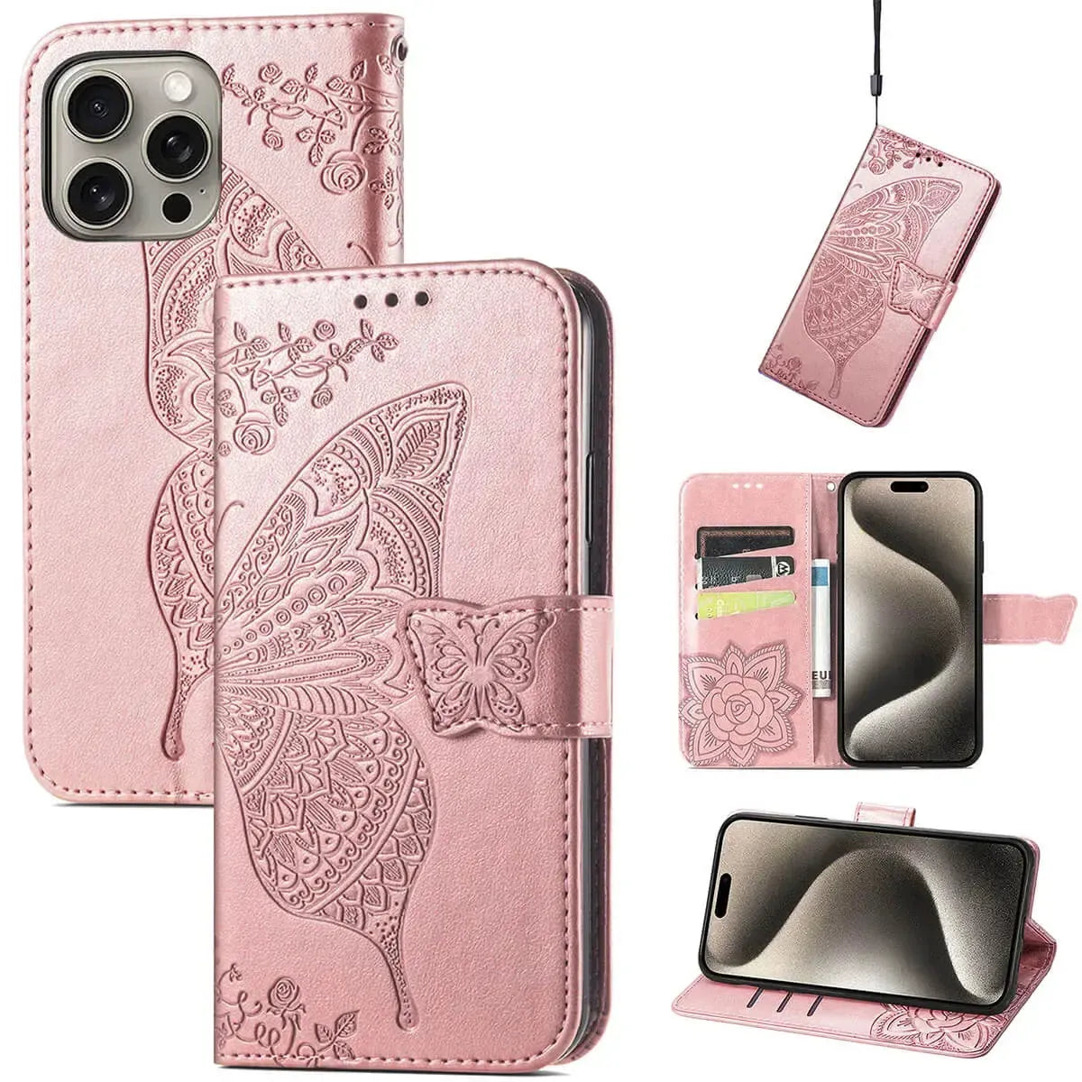 Buy Wallet Case for iPhone, Leather Flip Cover with Card Slots, Wrist Strap, Butterfly Embossed Design, Stand Feature - VANNY at Caseles-iPhone 16 Pro Max, Pink