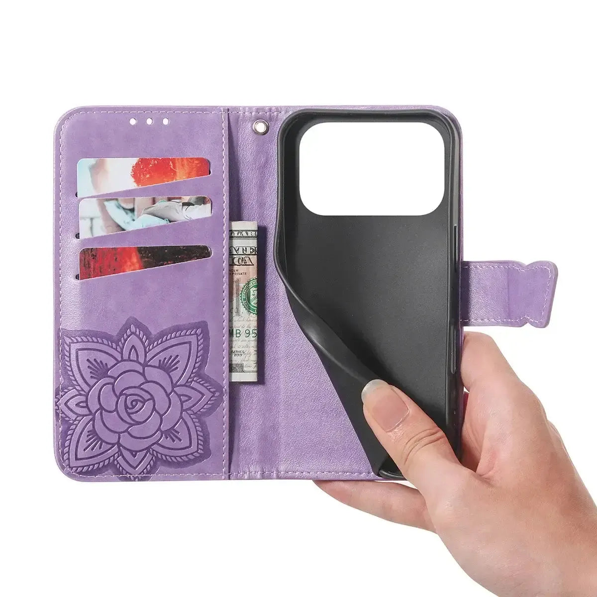 Buy Wallet Case for iPhone, Leather Flip Cover with Card Slots, Wrist Strap, Butterfly Embossed Design, Stand Feature - VANNY at Caseles-iPhone 17 Pro Max, Black