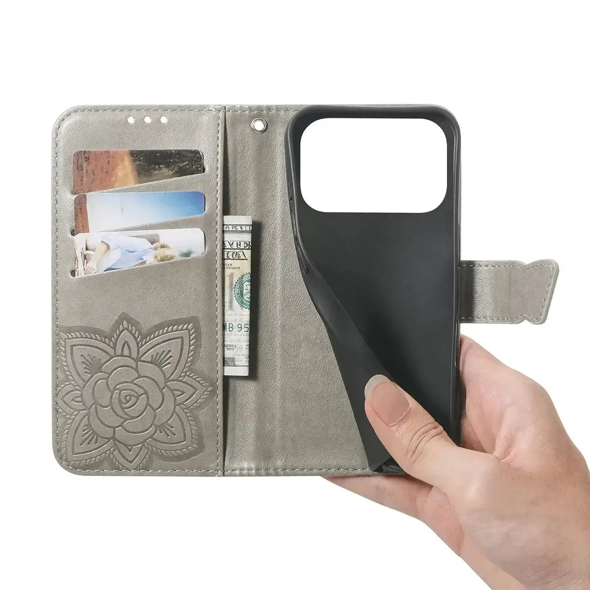 Buy Wallet Case for iPhone, Leather Flip Cover with Card Slots, Wrist Strap, Butterfly Embossed Design, Stand Feature - VANNY at Caseles-iPhone 17 Pro Max, Black