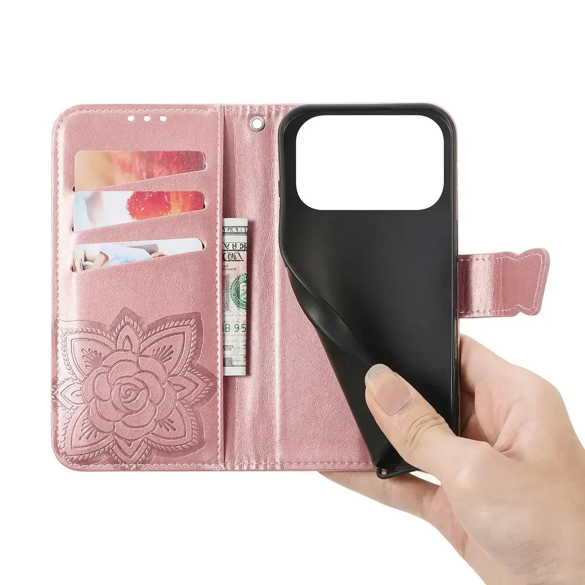 Buy Wallet Case for iPhone, Leather Flip Cover with Card Slots, Wrist Strap, Butterfly Embossed Design, Stand Feature - VANNY at Caseles-iPhone 17 Pro Max, Black