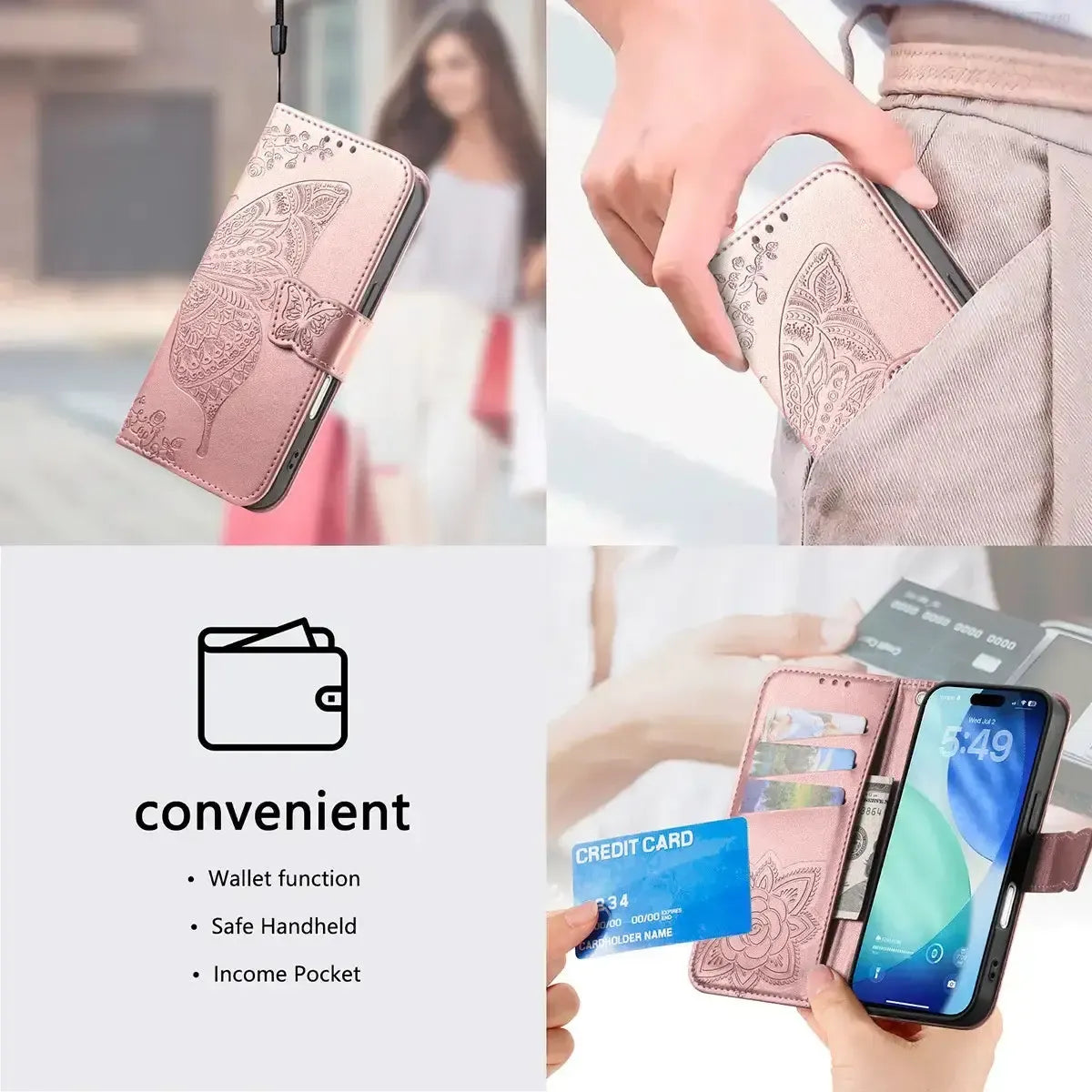 Buy Wallet Case for iPhone, Leather Flip Cover with Card Slots, Wrist Strap, Butterfly Embossed Design, Stand Feature - VANNY at Caseles-iPhone 17 Pro Max, Black
