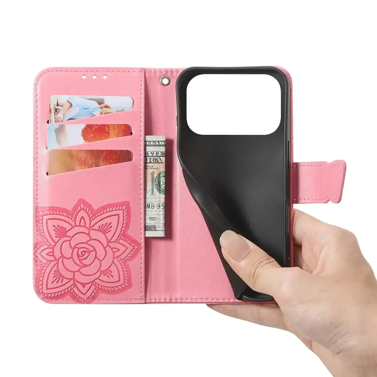Buy Wallet Case for iPhone, Leather Flip Cover with Card Slots, Wrist Strap, Butterfly Embossed Design, Stand Feature - VANNY at Caseles-iPhone 17 Pro Max, Black
