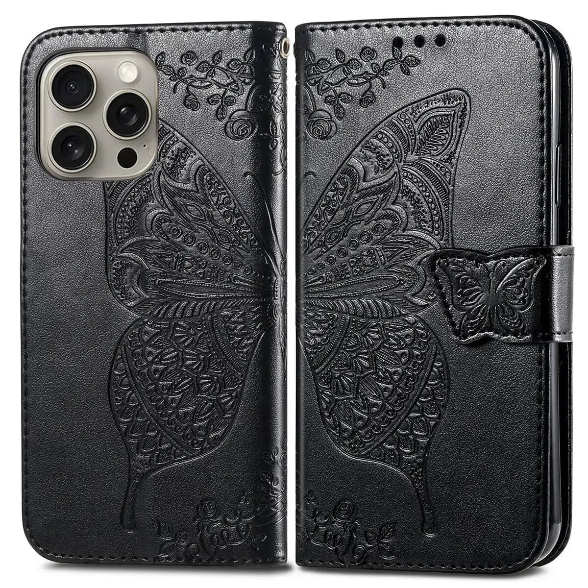 Buy Wallet Case for iPhone, Leather Flip Cover with Card Slots, Wrist Strap, Butterfly Embossed Design, Stand Feature - VANNY at Caseles-iPhone 16 Pro Max, Black