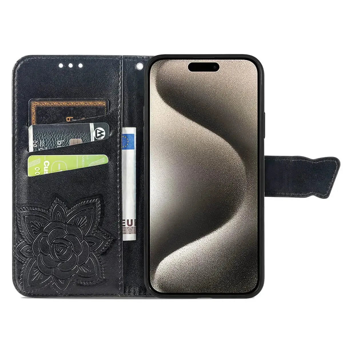 Buy Wallet Case for iPhone, Leather Flip Cover with Card Slots, Wrist Strap, Butterfly Embossed Design, Stand Feature - VANNY at Caseles-iPhone 16 Pro Max, Black