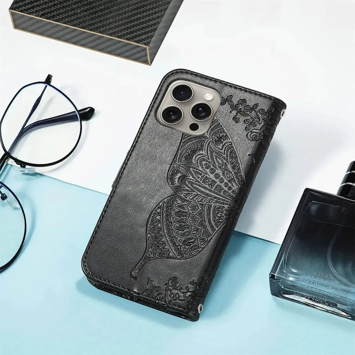 Buy Wallet Case for iPhone, Leather Flip Cover with Card Slots, Wrist Strap, Butterfly Embossed Design, Stand Feature - VANNY at Caseles-iPhone 16 Pro Max, Black