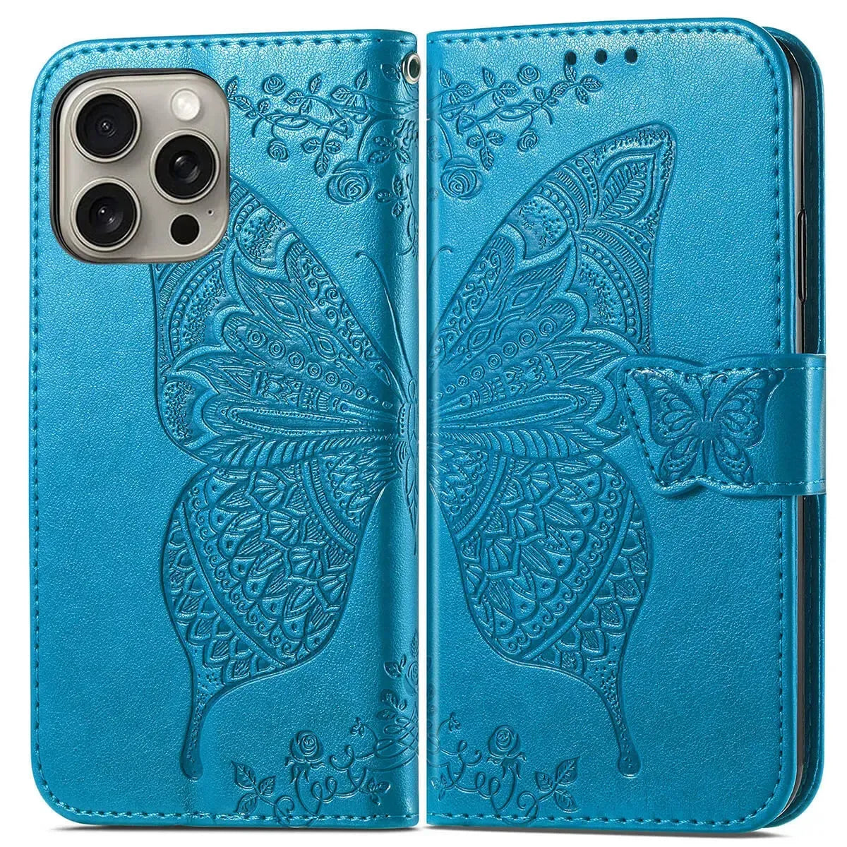 Buy Wallet Case for iPhone, Leather Flip Cover with Card Slots, Wrist Strap, Butterfly Embossed Design, Stand Feature - VANNY at Caseles-iPhone 16 Pro Max, Black